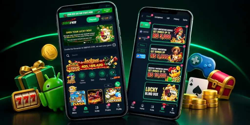 588PKR game app displayed on two Android phones with gaming rewards, jackpot, bonus offers, and casino-style games.