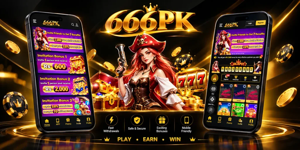 666PK game apk banner featuring two Android phones, pirate-themed graphics, bonus promotions, jackpot games, and gold coins on a black background.
