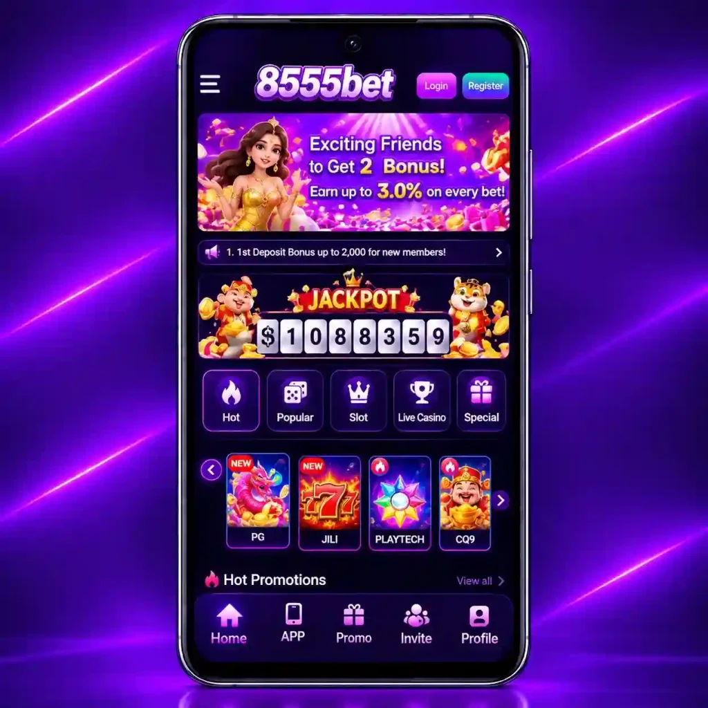 8555bet Game's home page with purple neon background