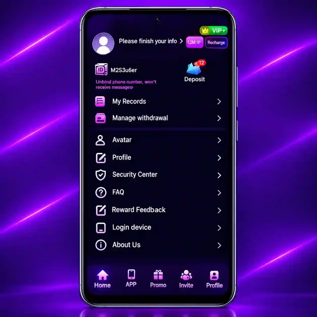 8555bet game's navigation interface with purple neon background 