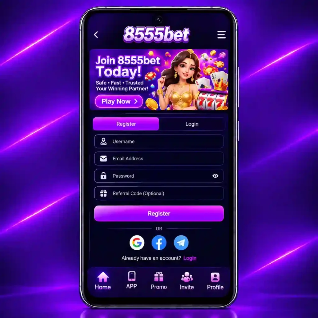 8555bet game's register page with purple neon background