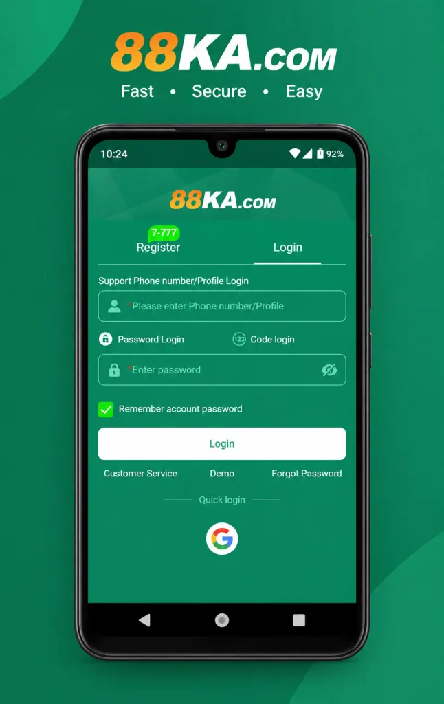 88KA Game's login page with greenish gradient background