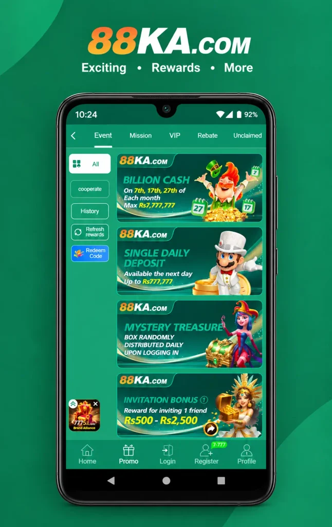 88KA Game's promo page showing various promotions and events for players to contribute and take place in events.