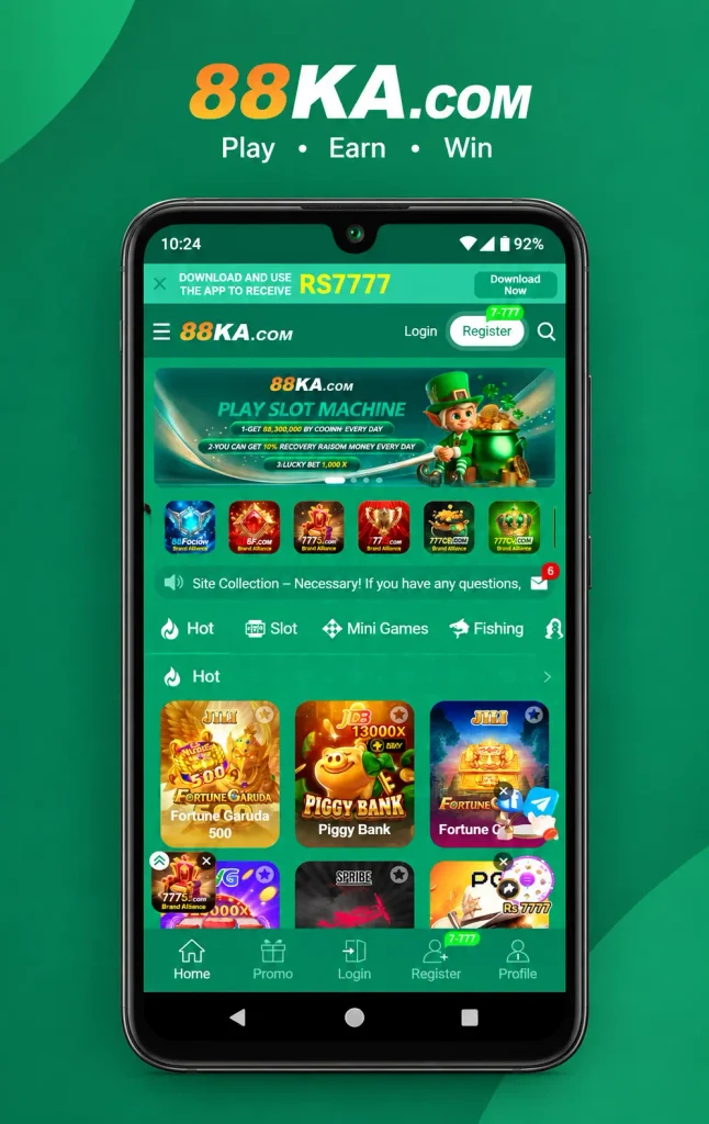 88KA Game's home page showing various mini games and navigation bar in footer with a clear header showing branding of 88KA Game