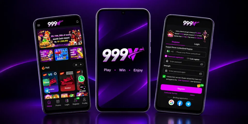 999V Game's interface showing different pages of the app with neon bluish background