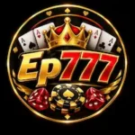 EP777 Game casino-style logo with gold and red lettering, playing cards, crown, dice, and poker chip on a black background.