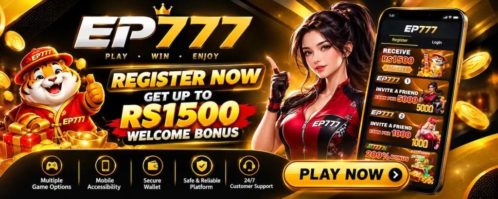 EP777 Game welcome bonus banner with RS1500 offer, tiger mascot and mobile gaming interface