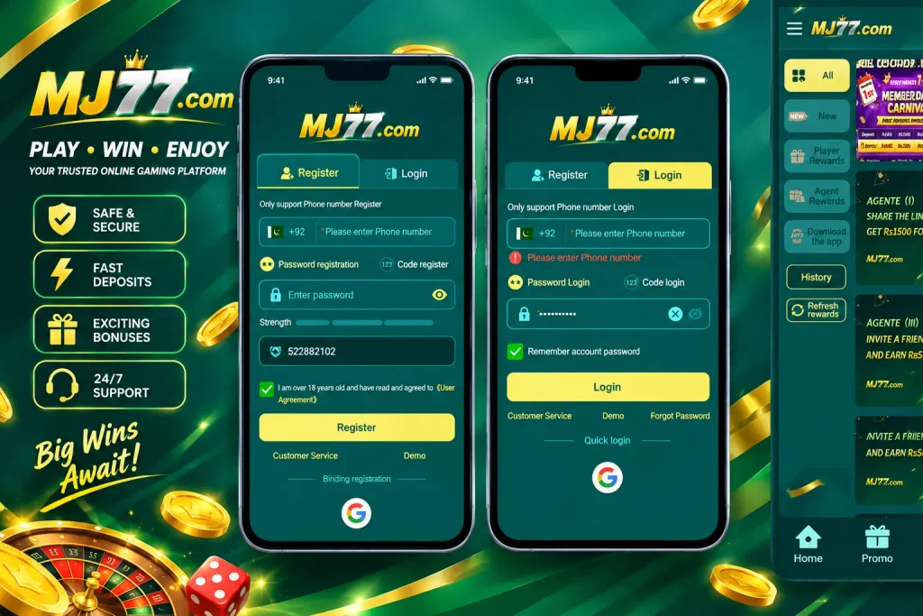 MJ77 game' banner showing screenshots of interfaces of the game, like MJ77 Game's login page, register page, promo page, Deposit page etc