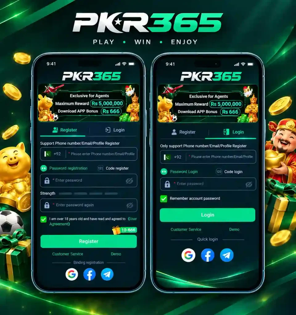 PKR365 Game Banner showing registration and login pages