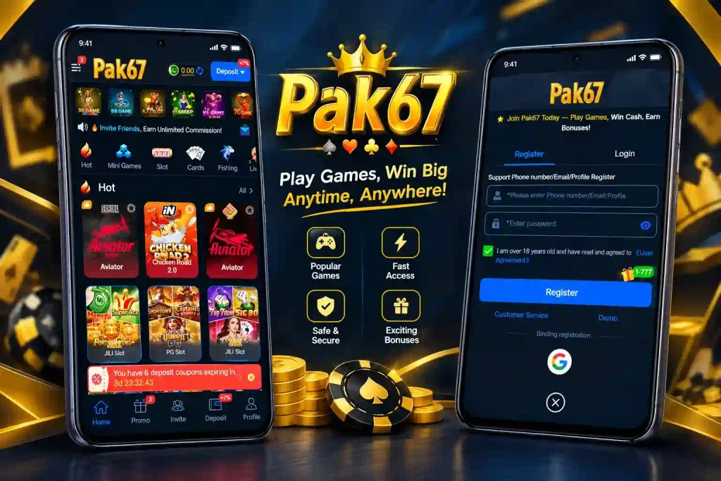 Pak67 Game home page and register page shown on Android phones with a dark blue and gold background