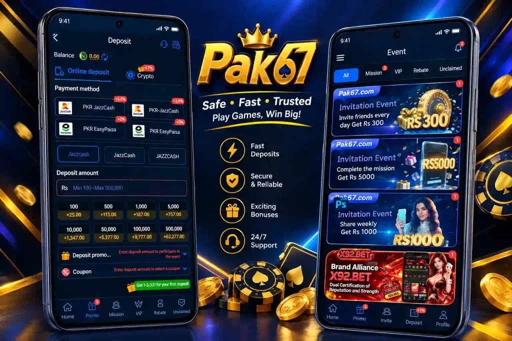 Pak67 Game deposit and event pages displayed on Android phones with a dark blue and gold gaming background