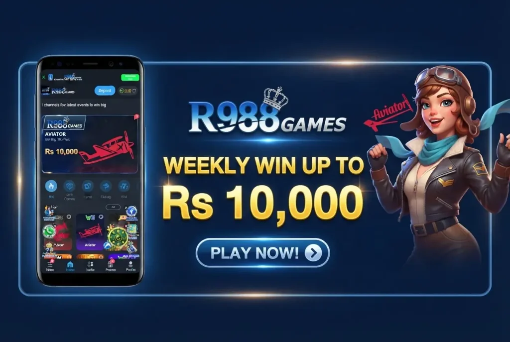 A promotional gaming banner featuring an Android smartphone mockup on the left showing R988 Games Aviator, an aviator character and logo on the right, and bold yellow text in the center highlighting "Weekly Win Up To Rs 10,000".