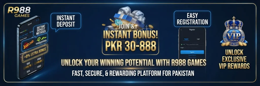 A wide landscape promotional banner for R988 Games in Pakistan, featuring a clear left-to-right flow against a dark blue background. The banner highlights a smartphone mockup for 'Instant Deposit' methods (JazzCash/EasyPaisa) with "+8% Bonus", a large central gift box proclaiming "Join & Get Instant Bonus! PKR 30-888", a second phone mockup for 'Easy Registration', and a 'VIP Crown' icon. All text is in English, emphasizing a fast, secure, and rewarding platform