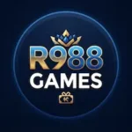 Official app logo for R988 Games featuring a stylized metallic gold and blue typography with a crown icon over a dark navy blue circular background, optimized for mobile gaming.