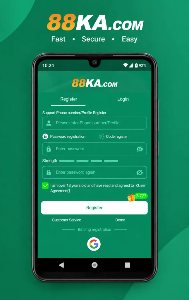 88KA Game's register page with a greenish gradient background