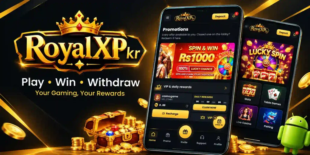 Royal X Pkr Game's banner showing logo and 2 interfaces of game on a mobile screen on a black and golden background
