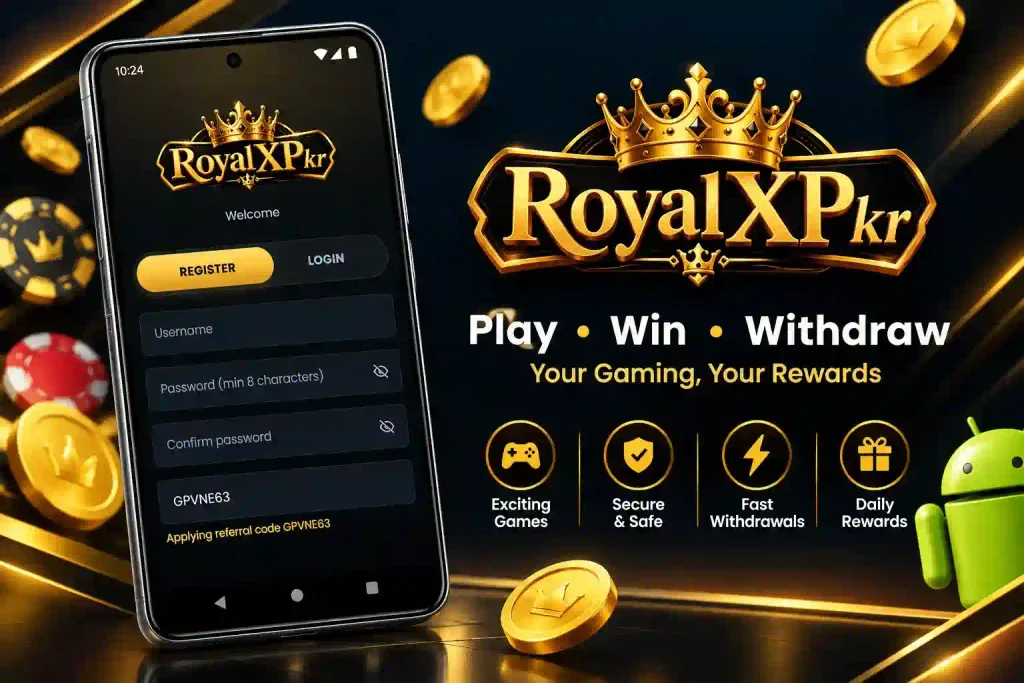Black and golden background image featuring Royal X PKR Game's  Register page and login page