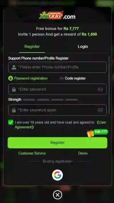 XD777 Game' Register Page showing logo and in body it shows the XD777 Game's logo and in body it shows register and login options.