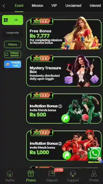 XD777 Game Promo Page showing several ongoing promotional events on main body. A navigation bar on left left side of screen and on header it shows different bonus categories like, missions, VIP, Unclaimed, Interest, Event