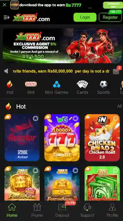 XD777 Game's Home Page showing the app's logo and account information at top header along with promotions on sub header and mini games and navigation bar at footer.
