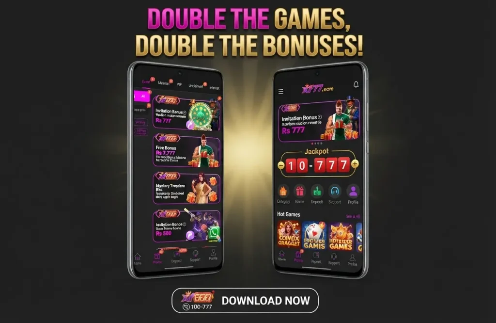 A promotional banner for the Xf777.com app, featuring two smartphones displaying different screens and the bold text "DOUBLE THE GAMES, DOUBLE THE BONUSES!" in pink and gold at the top. A clear "DOWNLOAD NOW" button is at the bottom to encourage app installation